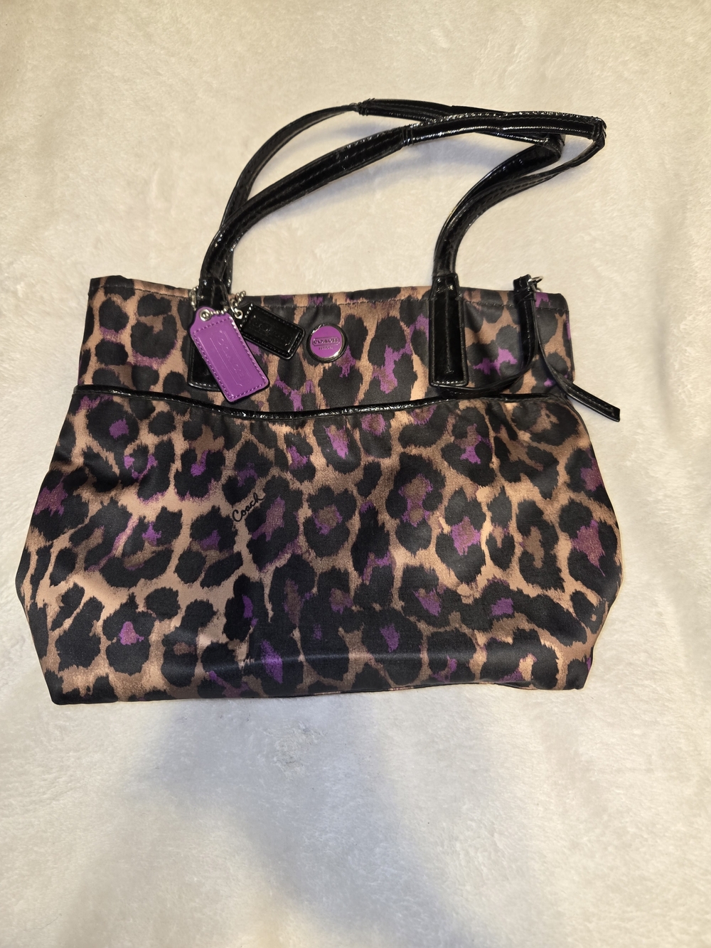 Coach Leopard Print Tote Bag with Purple Accents